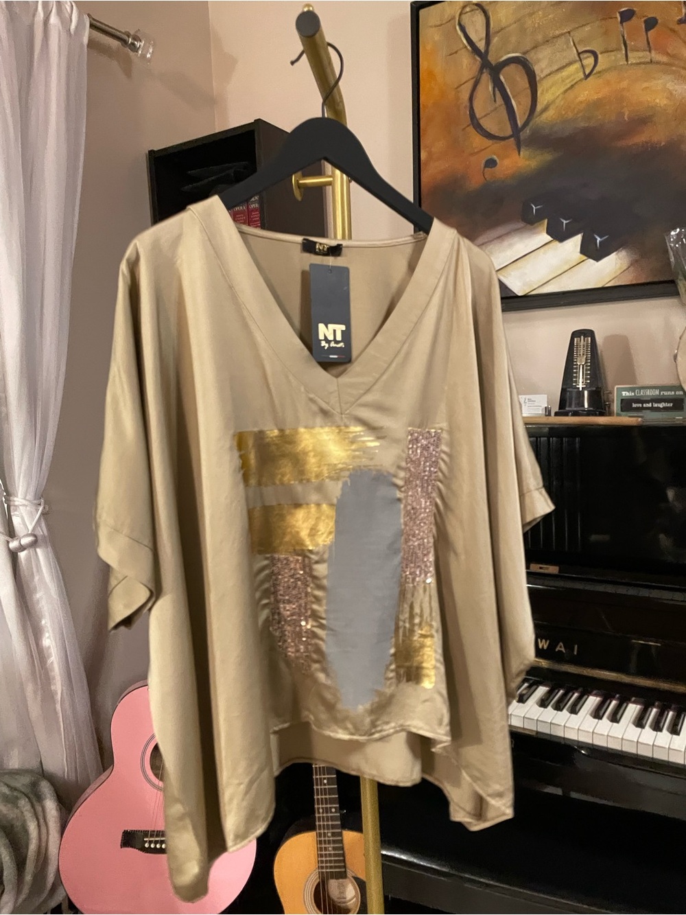 NT by Amiti NEW Gold V-Neck Oversized Top with Metallic Detail